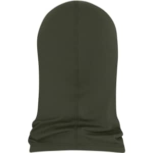 A green balaclava with a smooth, streamlined design, featuring stitching details and no visible branding.