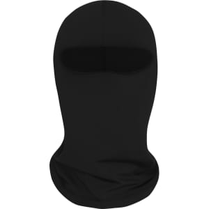 A black balaclava featuring an open face and neck design. It has a simple, sleek appearance and includes a logo.