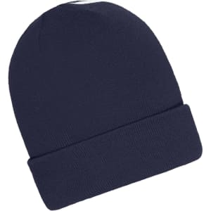 A navy blue winter beanie featuring a folded cuff and a simple design. It has a logo on the side.