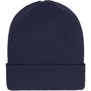 A navy blue knitted beanie with a folded cuff, featuring a logo.