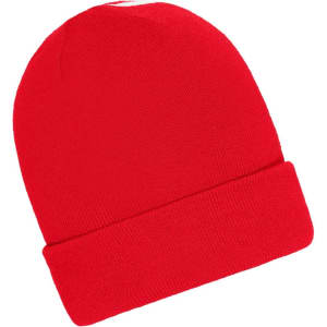 A red winter beanie with a rolled cuff, featuring a logo on the side.