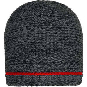 A coarse knitted beanie in dark grey with a red band at the bottom. It features a textured knit design.