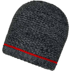 A coarse knitted beanie in dark grey with a red band around the bottom. It has a textured appearance and a logo.