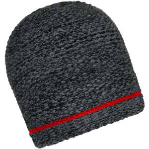 A coarse knitted beanie in grey featuring a red stripe at the bottom. It has a textured fabric and a snug fit.