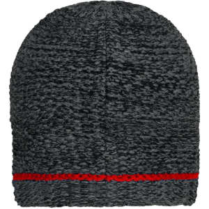 A coarse knitted beanie in a dark grey shade with a red band around the bottom, featuring a logo.
