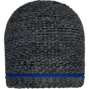 A coarse knitted beanie in shades of grey with a blue band around the bottom and a logo on the side.