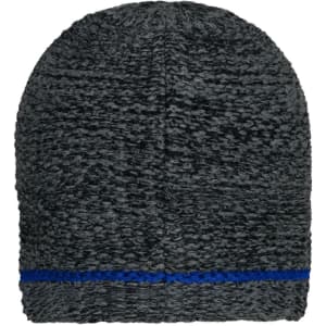 A coarse knitted beanie in dark grey with a blue woven stripe at the base. It has a branding logo.