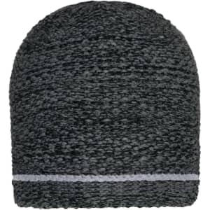 A coarse knitted beanie in shades of black with a contrasting band. It features a logo at the bottom.
