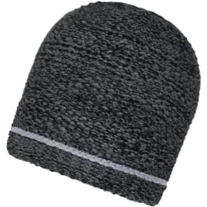 A coarse knitted beanie in dark grey with a light grey band around the bottom. Features a logo.
