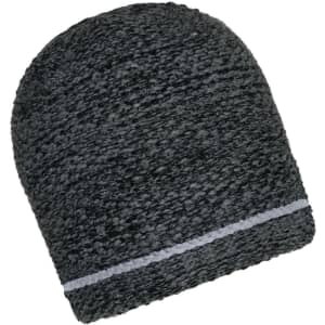 A coarse knitted beanie in shades of grey with a contrasting stripe. Features a logo.