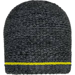 A coarse knitted beanie in dark grey with a yellow band around the base. The product features a logo.