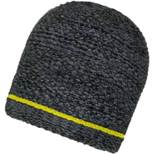 A coarse knitted beanie in dark grey with a yellow stripe around the base. It features a logo on the side.