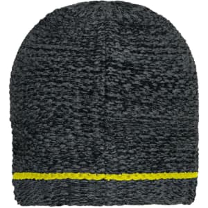 A coarse knitted beanie in dark grey with a yellow stripe at the bottom and a logo.