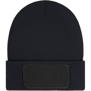 A black beanie with a fold-up cuff and a patch area for branding or customization.