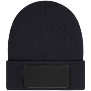 A black beanie with a patch area, featuring a snug fit and made with Thinsulate material.