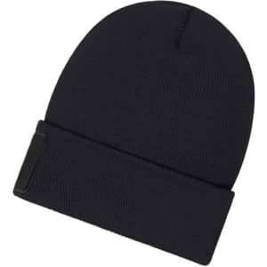 A black beanie with a patch, featuring a snug fit and Thinsulate insulation for warmth.