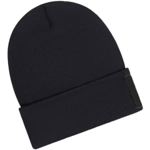 A black beanie made with Thinsulate featuring a patch and a cuffed design.