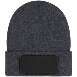 A dark grey beanie with a folded cuff and a black patch area for branding or decoration.
