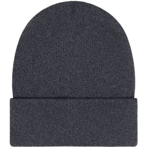 A grey beanie with a folded cuff and a patch, designed for warmth and style.
