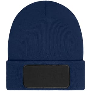 A navy beanie featuring a black patch. The material is Thinsulate, providing warmth and comfort.