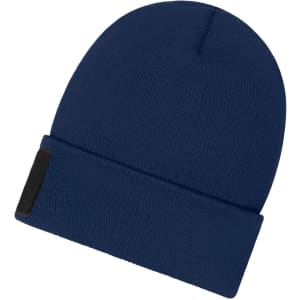 A navy blue beanie with a folded cuff and a patch. The material appears to be Thinsulate.