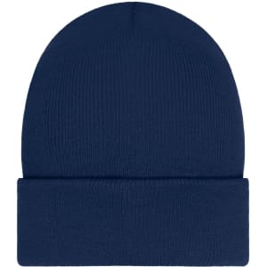 A navy blue beanie with a ribbed texture and a folded cuff, featuring a patch.