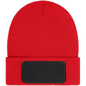 A red beanie made with Thinsulate, featuring a black patch for customisation.