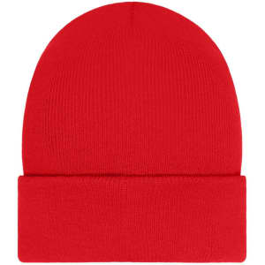 A red beanie with a folded cuff, featuring a patch and made with Thinsulate material.
