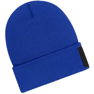 A blue beanie featuring a patch, made with Thinsulate material.