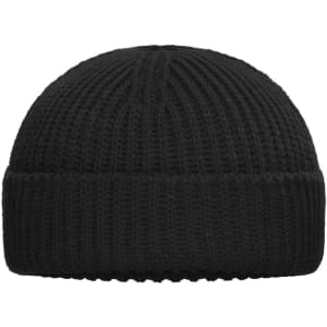 A black knitted beanie with a ribbed texture and a folded cuff. It features a brand logo.