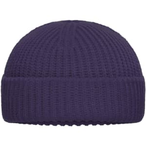 A purple Fisherman Beanie with a ribbed texture and a folded brim, featuring a logo.