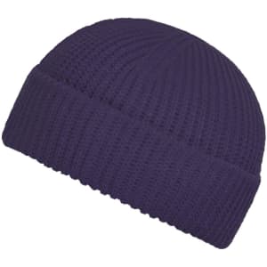 A purple Fisherman Beanie with a ribbed texture and a folded cuff, featuring a logo.