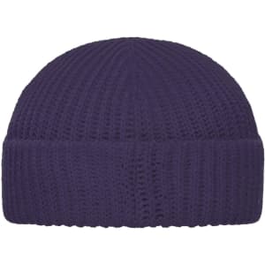 A purple Fisherman Beanie with a ribbed texture and a folded cuff, featuring a logo on the side.