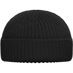 A black ribbed beanie hat with a folded brim, featuring a logo on the side.