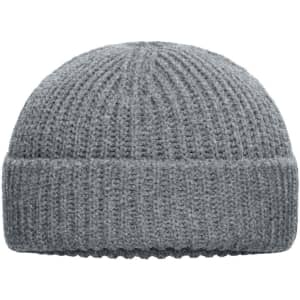 A grey knitted beanie with a ribbed texture and a turned-up cuff. It features a small logo.