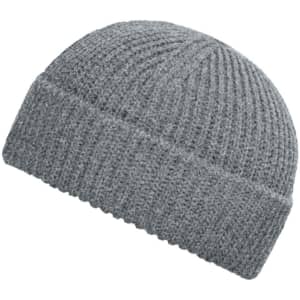 A grey ribbed fisherman beanie with a folded cuff and textured knit design.