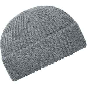 A grey beanie with a ribbed texture, featuring a fold-up brim and a logo.
