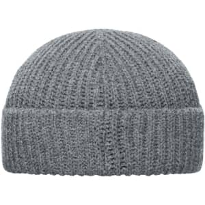 A grey ribbed beanie featuring a fold-over cuff and a logo.