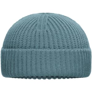 A blue knitted beanie with a ribbed texture and a folded cuff. It features a logo on the side.