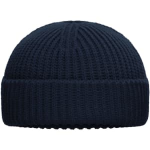 A navy blue knitted beanie with a folded cuff and a textured design. It includes a logo on the side.