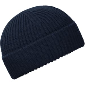 A navy blue fisherman beanie with a ribbed texture, featuring a folded cuff and a subtle logo.