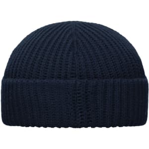 A navy blue knitted beanie with a ribbed texture and folded brim. Features a logo on the side.