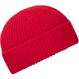 A red knitted beanie with a rounded top and a ribbed texture, featuring a logo.