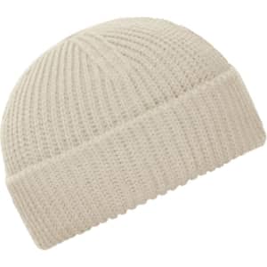 A light cream Fisherman Beanie with a ribbed texture, featuring a folded hem and a subtle logo.