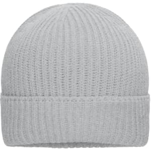 A grey knitted beanie featuring a ribbed texture and a fold-up cuff, with a branding logo.