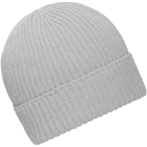 A light grey knitted winter beanie with a folded cuff and a subtle texture, featuring a logo.