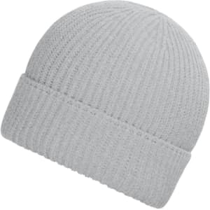 A grey knitted beanie with a rolled cuff, featuring a branding logo.