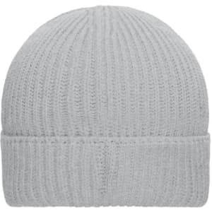 A light grey ribbed beanie with a folded cuff, featuring a logo on the side.