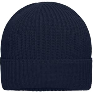 A navy blue knitted winter beanie with a ribbed texture and a folded hem, featuring a logo.
