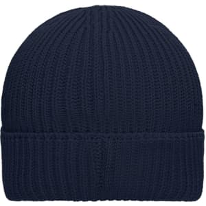 A navy blue knitted beanie with a folded cuff and a logo on the side.